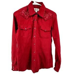 Ryan Michael Button Down Shirt Embroidered Floral Silk Cowboy Crimson Red Small